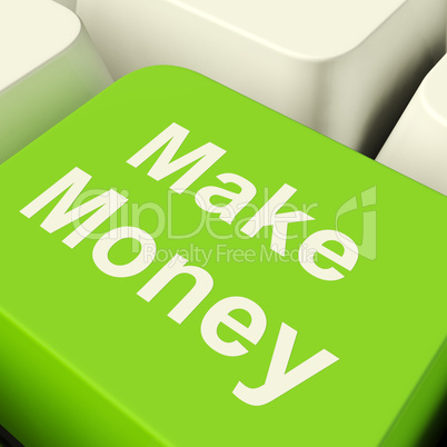 Make Money Computer Key In Green Showing Startup Business And We