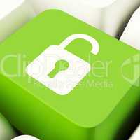 Unlocked Padlock Computer Key In Green Showing Access Or Protect