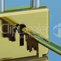 Padlock With Key Closeup Showing Security Protection And Safety