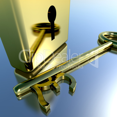 Pound Key With Gold Padlock Showing Banking Savings And Finance