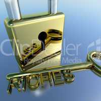 Padlock With Riches Key Showing Wealth Savings And Fortune