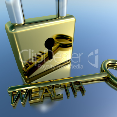 Padlock With Wealth Key Showing Riches Savings And Fortune