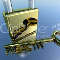 Padlock With Wealth Key Showing Riches Savings And Fortune