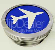 Airplane Icon Or Metallic Button Expressing Travel Or Airport