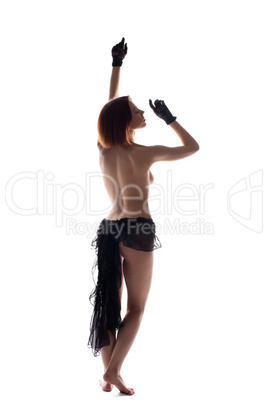 Beauty topless woman in lacy gloves isolated