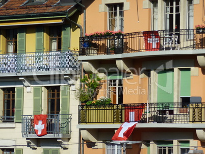 Swiss flags on building, Geneva, Switzerland