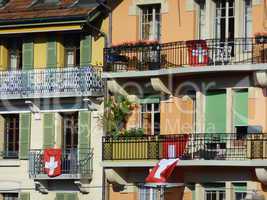 Swiss flags on building, Geneva, Switzerland