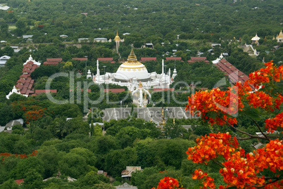 Monastery and red flowers