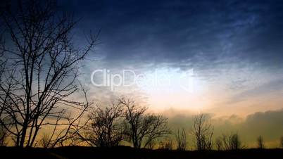 time lapse clouds and silhouettes of trees.