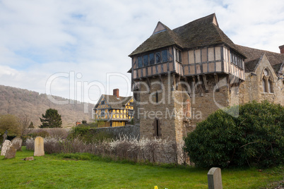 Stokesay Castle in Shropshire on cloudy day