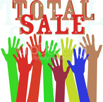 Hand with total sale word isolated in white. vector