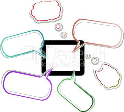 3d touch tablet pc model with vector speech bubbles