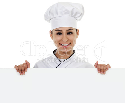Female Chef with Sign