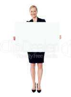 Female business promoter holding white blank banner ad