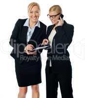 Businesswomen on call rectifying the document