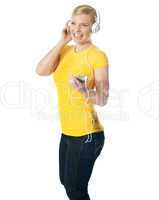 Pretty woman holding music player