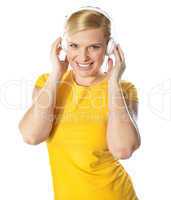 Smiling young lady listening music