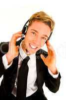 businessman with headset and microphone customer service opearto