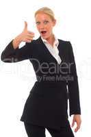 portrait of a young caucasian businesswoman with thumb up wearin