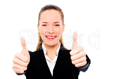 Young businesswoman with thumb up on white background studio