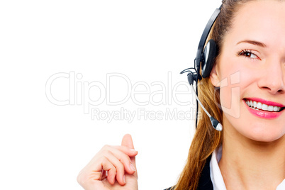 young businesswoman with headset on white background studio