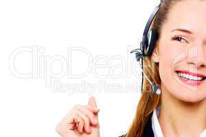 young businesswoman with headset on white background studio