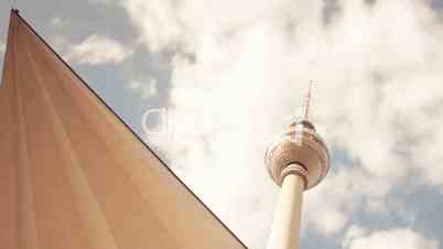 Berlin Television Tower (Fernsehturm) in  1080p FullHD Timelapse with cloud dynamic and zoom, famous landmark in Berlin, Germany
