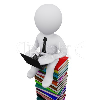 3D man sitting on a pile of books