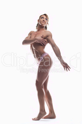 strong woman body builder posing topless isolated