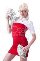 sexy blond business woman in red offer dollars