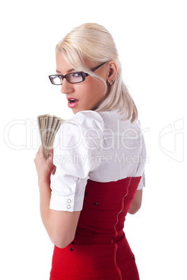 sexy blond business woman hide money