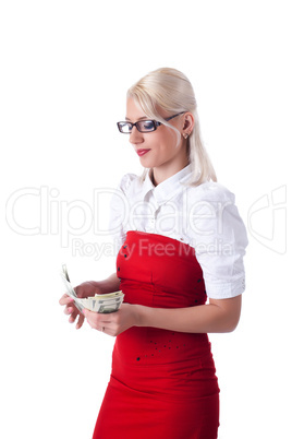 Beauty blond  business woman count dollars