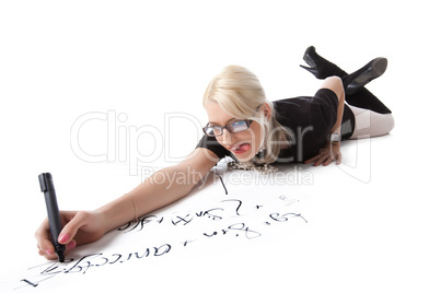 Funny blond woman write formula isolated