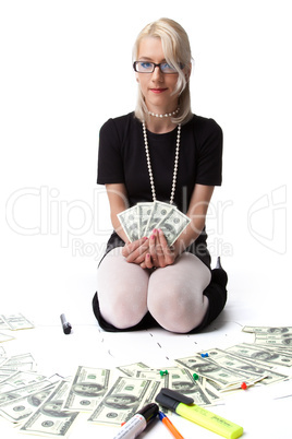 Happy blond business woman show income