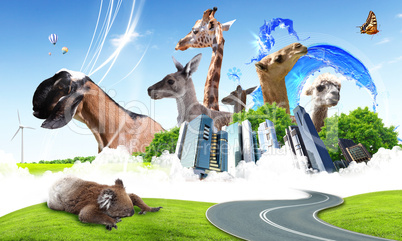 Green world with different animals collage