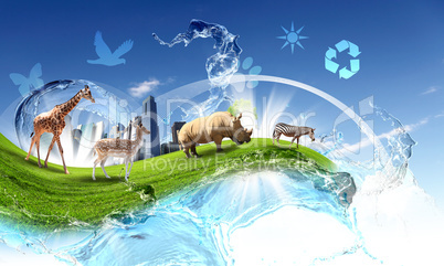 Green world with different animals collage