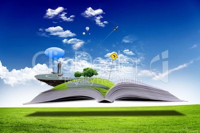 Open book with green nature world