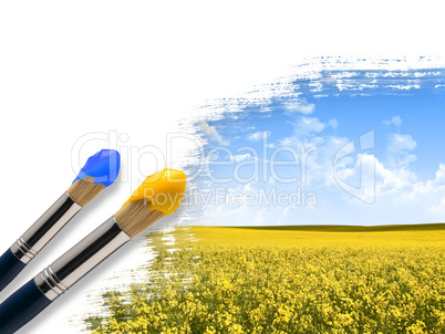 Coloring landscape with blue sky