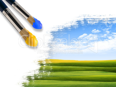 Coloring landscape with blue sky