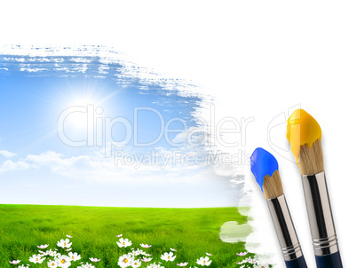 Coloring landscape with blue sky