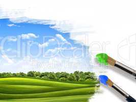 Coloring landscape with blue sky