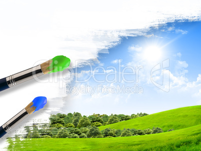 Coloring landscape with blue sky