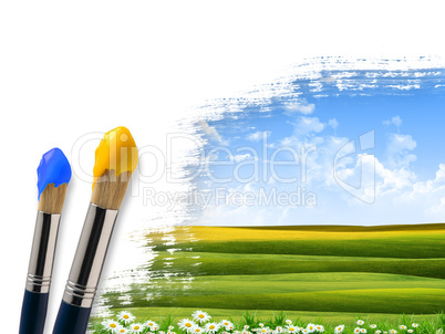 Coloring landscape with blue sky