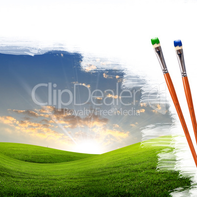 paintbrushes and landscape