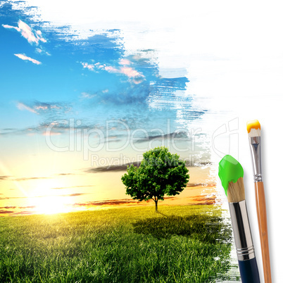 paintbrushes and landscape