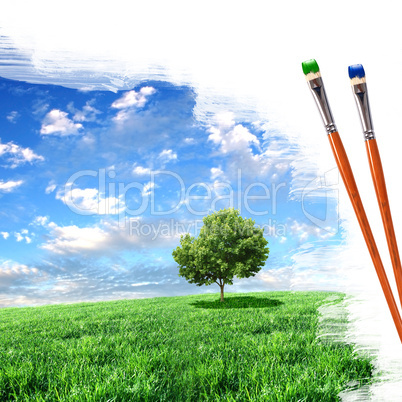 paintbrushes and landscape