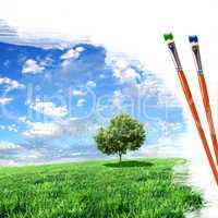 paintbrushes and landscape