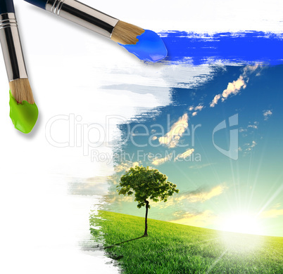 paintbrushes and landscape