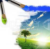 paintbrushes and landscape