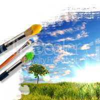 paintbrushes and landscape